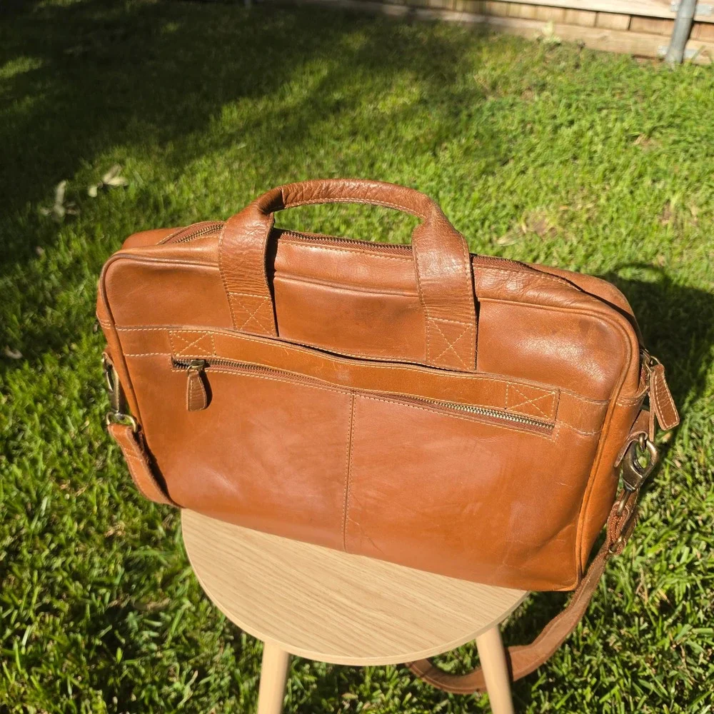 KomalIC Tan Leather Briefcase Messenger Bag Laptop Office Satchel Tan